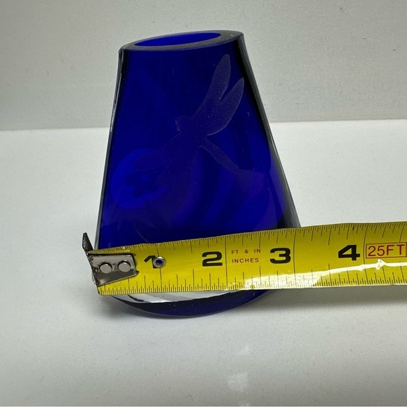Art Glass Tapered Rocking Vase Cobalt Blue Midcentury Modern Etched EUC - Picture 5 of 6
